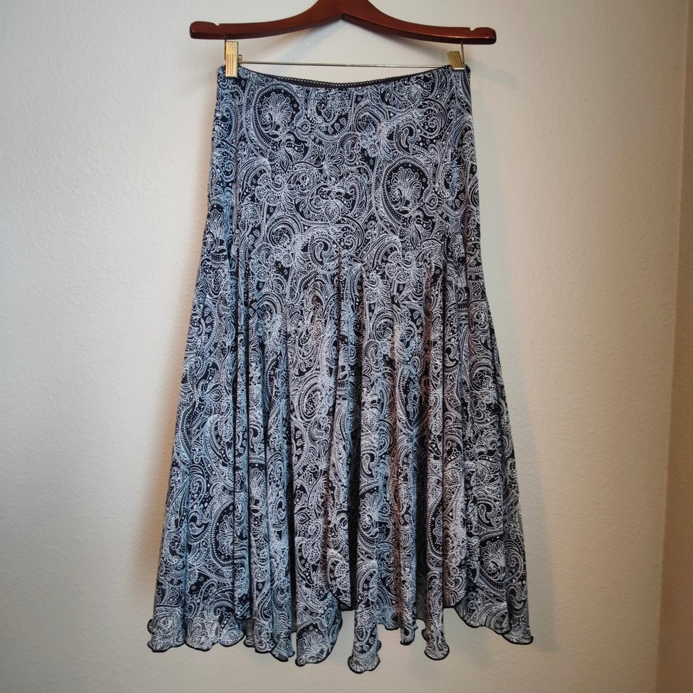 Paisley Midi Skirt‎ Whimsigoth Fairy Grunge Asymmetric Flutter Black Flounce M